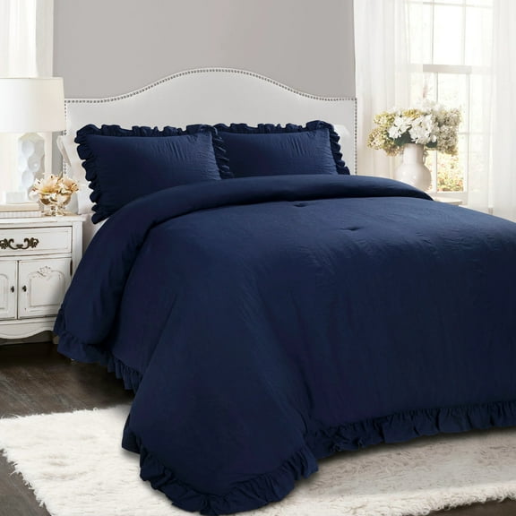 Lush Decor Reyna 248 Thread Count Textured Ruffle Detail Comforter, Navy, Full/Queen (3 Count)