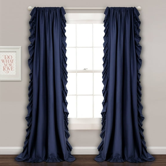 Reyna Modern Farmhouse Solid Color with Cascading Ruffle Border 3" Rod Pocket Light Filtering Window Curtain Panel, Navy, 84"L x 54"W, Set of 2