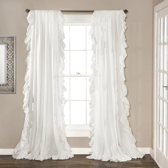Lush Decor Reyna Shabby Chic Modern Farmhouse Solid Color with Cascading Ruffle Border 3" Rod Pocket Light Filtering Window Curtain Panel, White, 84"L x 54"W, Set of 2