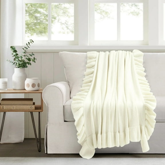 Lush Decor Reyna Soft Knitted Ruffle All-Season Throw Ivory Single 50X60