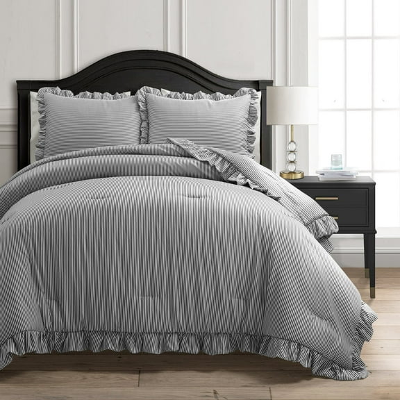 Lush Decor Reyna Stripe Ruffle Soft Reversible Oversized Comforter Gray/White 3Pc Set Full/Queen