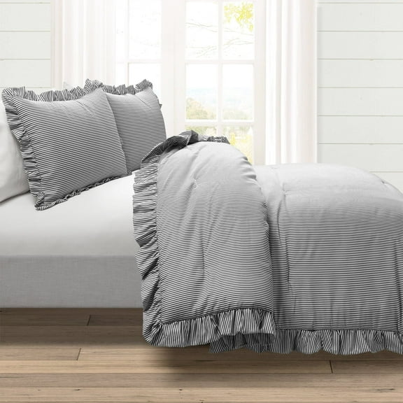 Lush Decor Reyna Stripe Ruffle Soft Reversible Oversized Comforter Gray/White 3Pc Set King