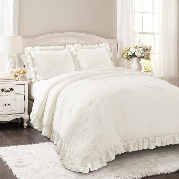 "Lush Decor Reyna Textured Ruffle Detail Comforter, Full/Queen, White, 3-Pc Set"