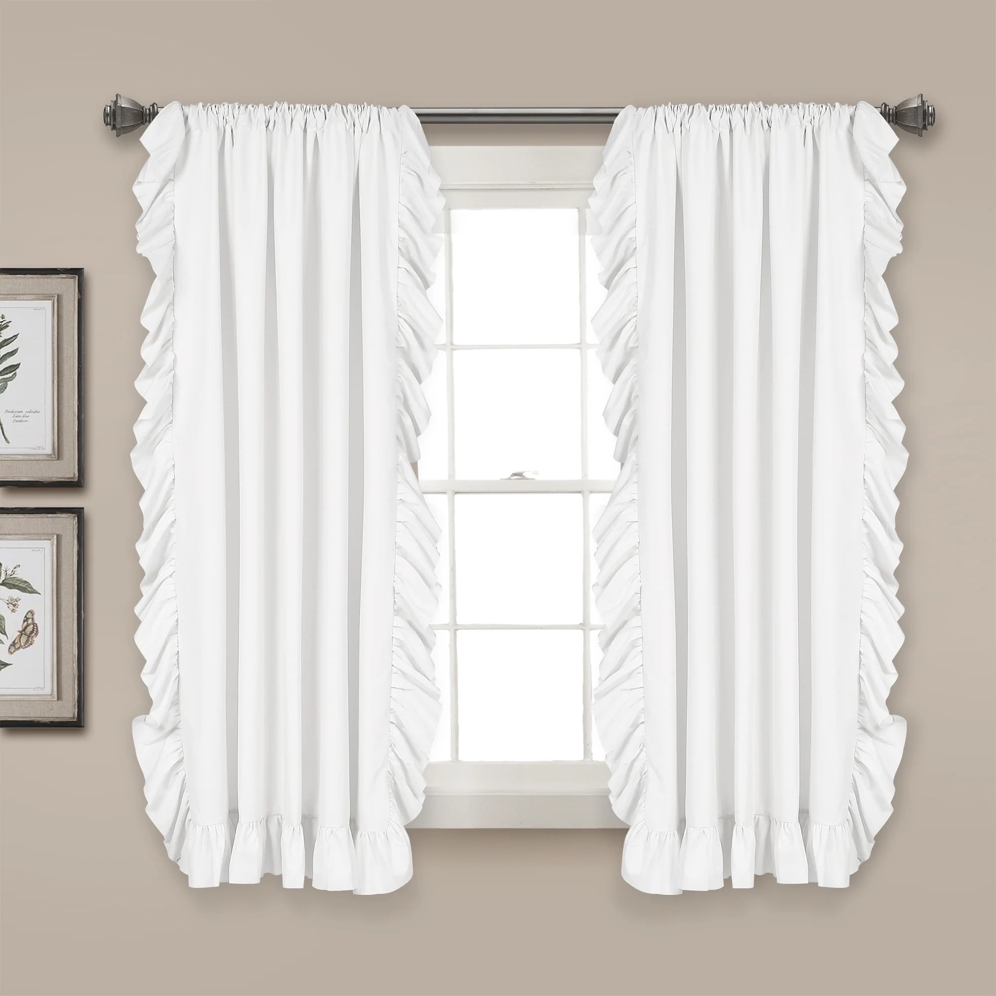 Pure White Polyester Room-Darkening Ruffled Curtain Panels, 54"W x 45"L