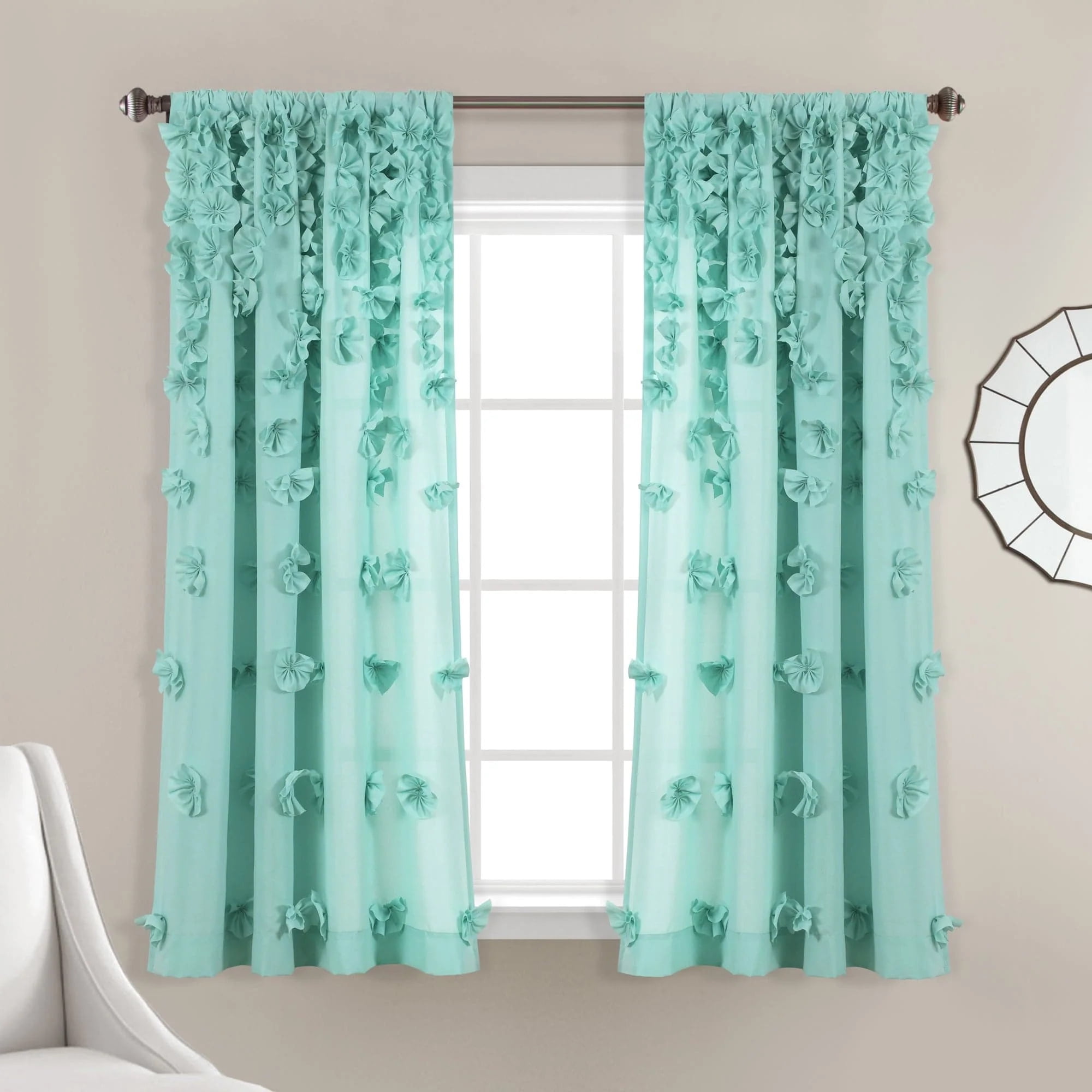 Aqua Light-Filtering Polyester Window Curtain Panel with Handmade Bow Details