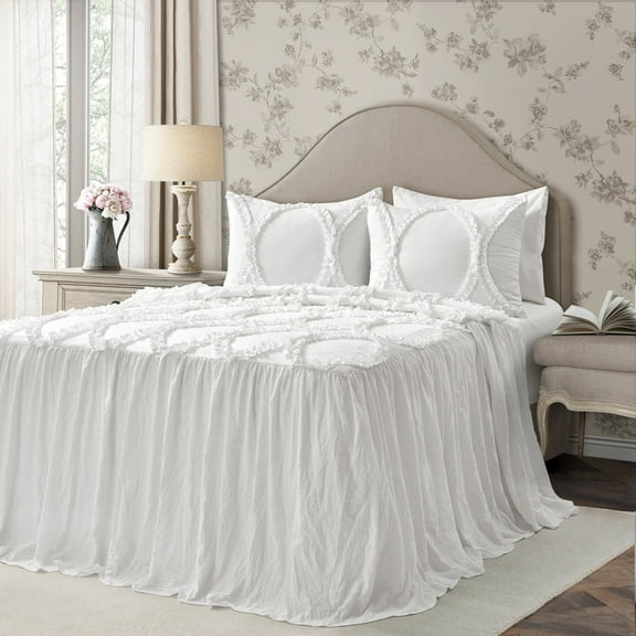 Lush Decor Riviera Ruffle Detail, Bedspread, Queen, White, 3-Pc Set