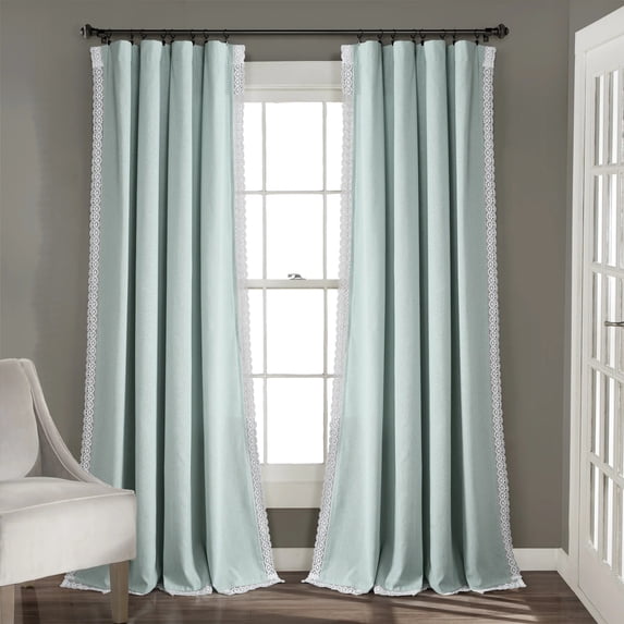 Lush Decor Rosalie Faux Linen Delicate Lace Edge Solid Color 3" Rod Pocket Light Filtering Window Curtain Panel, Blue, 84"L x 54"W, Set of 2