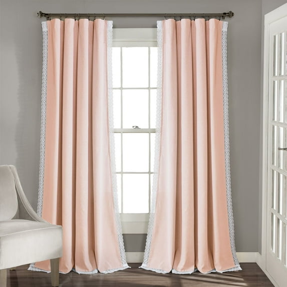 Lush Decor Rosalie Faux Linen Delicate Lace Edge Solid Color 3" Rod Pocket Light Filtering Window Curtain Panel, Blush, 108"L x 54"W, Set of 2