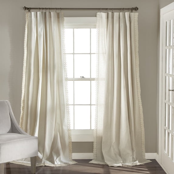 Lush Decor Rosalie Faux Linen Delicate Lace Edge Solid Color 3" Rod Pocket Light Filtering Window Curtain Panel, Ivory, 95"L x 54"W, Set of 2