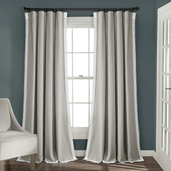 Lush Decor Rosalie Faux Linen Delicate Lace Edge Solid Color 3" Rod Pocket Light Filtering Window Curtain Panel, Light Gray, 84"L x 54"W, Set of 2