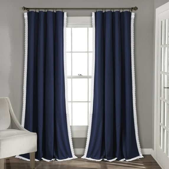 Lush Decor Rosalie Faux Linen Delicate Lace Edge Solid Color 3" Rod Pocket Light Filtering Window Curtain Panel, Navy, 108"L x 54"W, Set of 2