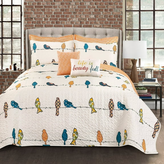 Lush Decor Rowley Birds Animal Print Polyester Reversible Quilt, Full/Queen, Multi, 7-Pc Set