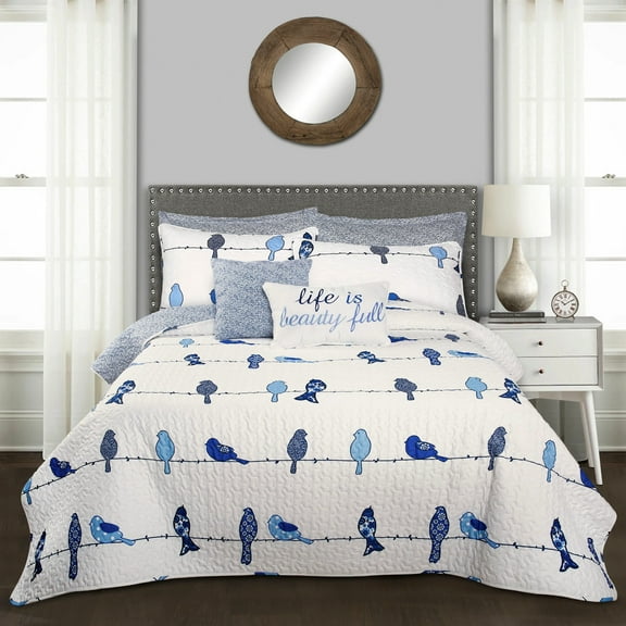 Lush Decor Rowley Birds Animal Print Reversible Quilt, Full/Queen, Navy, 7-Pc Set