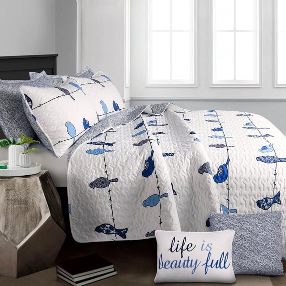Lush Decor Rowley Birds Animal Print Reversible Quilt, King, Navy, 7-Pc Set
