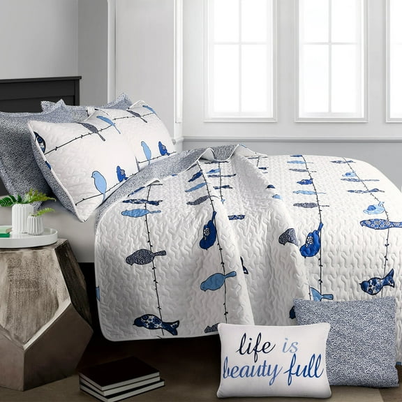 Lush Decor Rowley Birds Animal Print Reversible Quilt, King, Navy, 7-Pc Set
