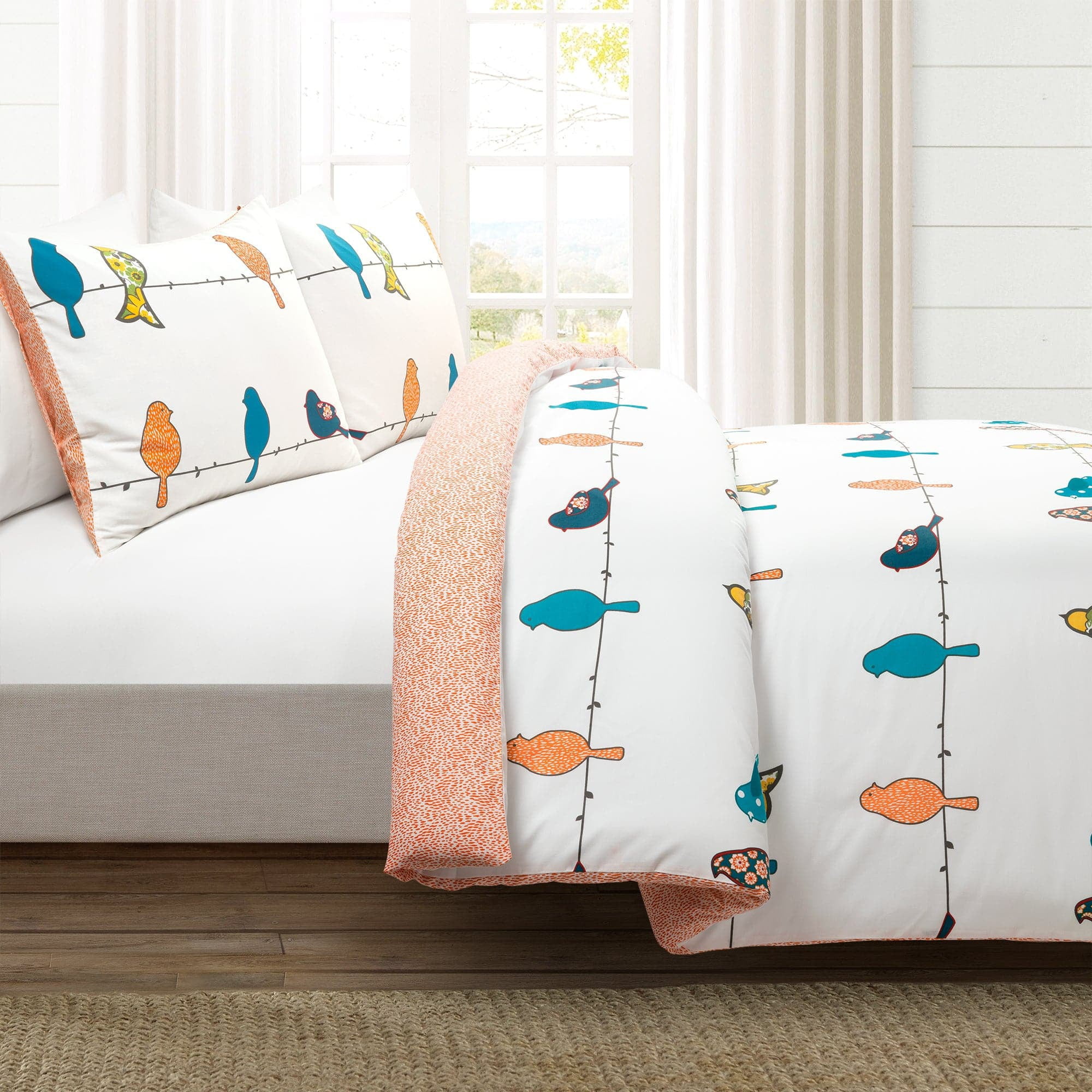 King Size Multicolor Cotton Reversible Bird Duvet Cover Set