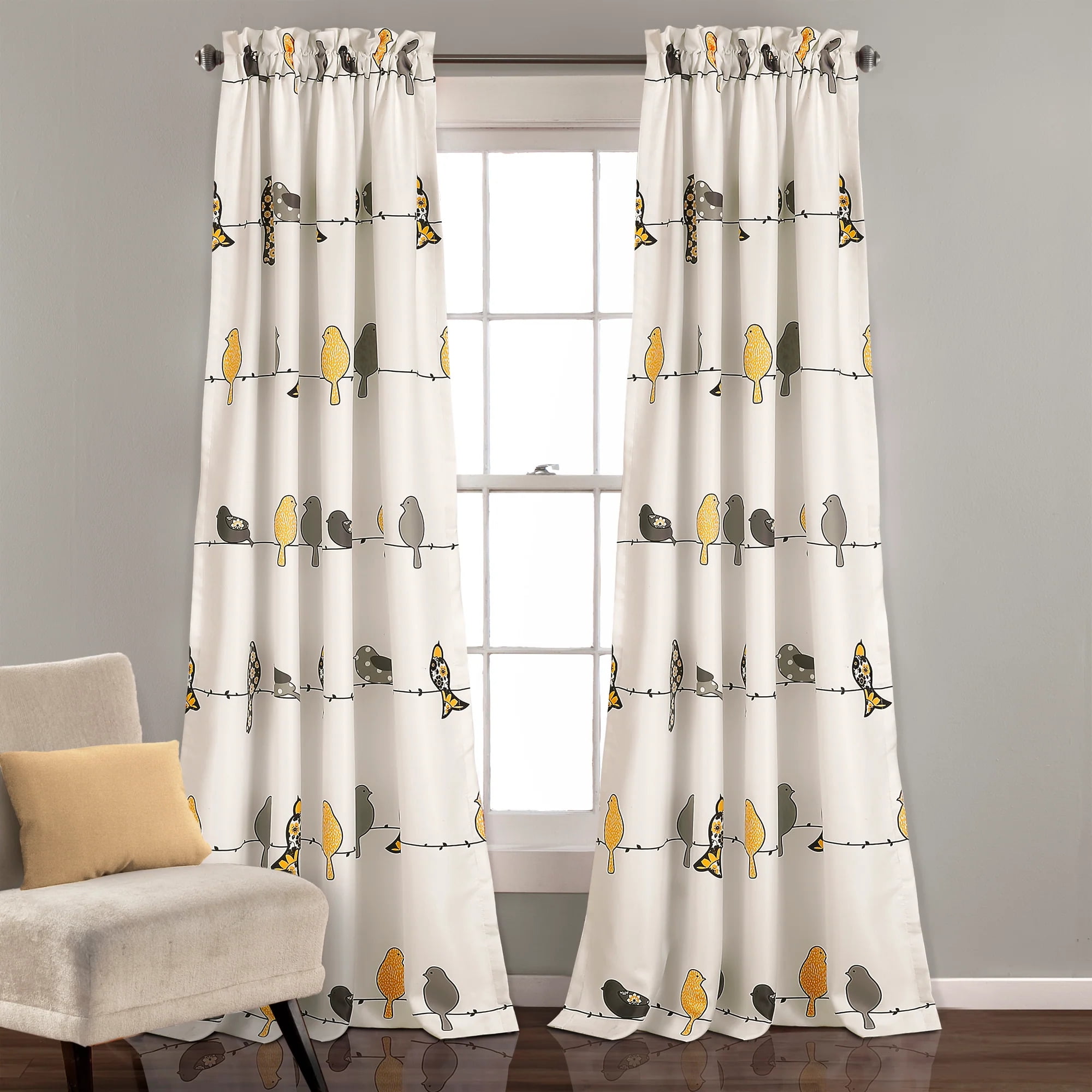 Yellow and Gray Bird Print Room Darkening Polyester Window Panels