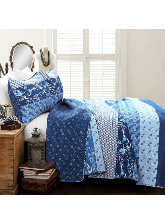 Lush Decor Royal Empire Stripe Cotton Reversible Quilt, Full/Queen, Navy, 3-Pc Set