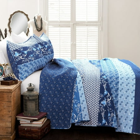 Lush Decor Royal Empire Stripe Cotton Reversible Quilt, Full/Queen, Navy, 3-Pc Set