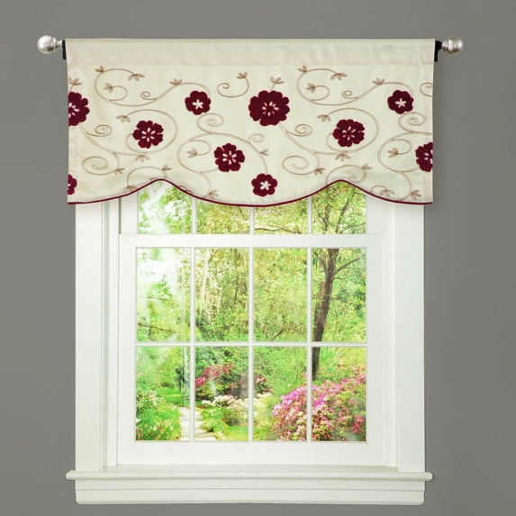 Lush Decor Royal Garden Elegant Floral Embroidery Window Valance, , 3" Rod Pocket For Small Windows And Kitchen, Red, 18"L X 42"W, Single