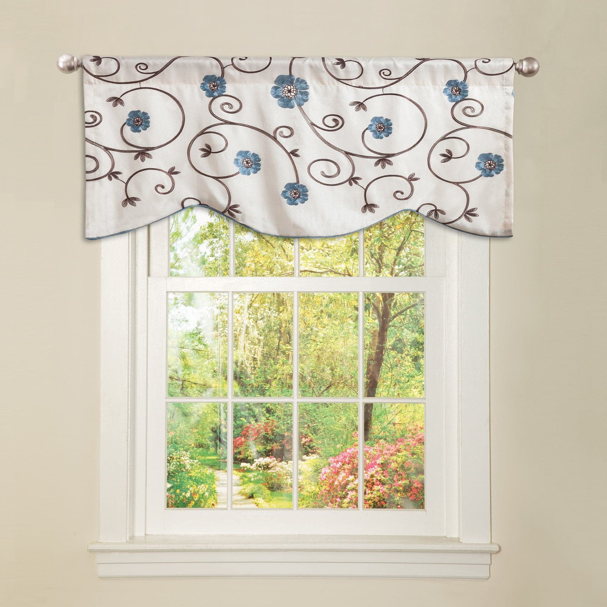 Blue Floral Embroidered Scalloped 42'' Window Valance