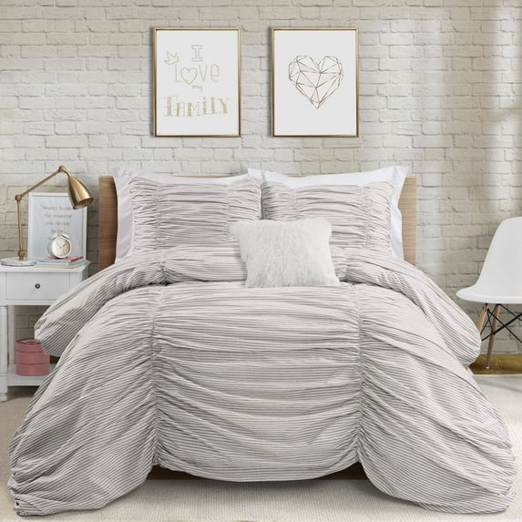 Lush Decor Ruching Ticking Stripe Textured Comforter, Full/Queen, Gray, 3-Pc Set