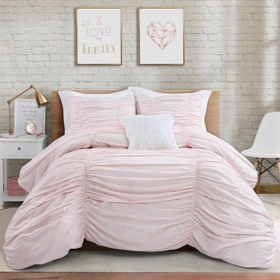 Lush Decor Ruching Ticking Stripe Textured Polyester Comforter, King, Blush, 3-Pc Set