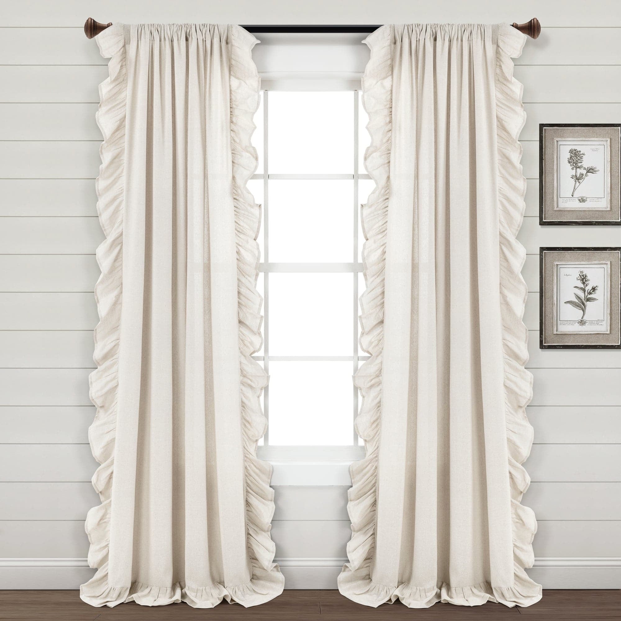 Off-White Linen Ruffle Rod Pocket Window Curtain Panel 95" x 54"