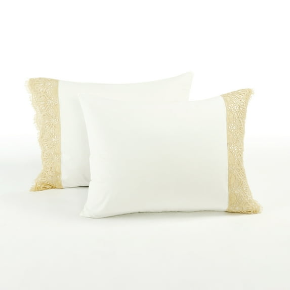 Lush Decor Scallop Lace Cotton Duvet Cover Set, 3 Piece Set, Full/ Queen, Beige - Neutral Bedding Set - White Duvet Cover - Scallop Lace Trim - Vintage, Country Cottage & Farmhouse Bedroom Decor