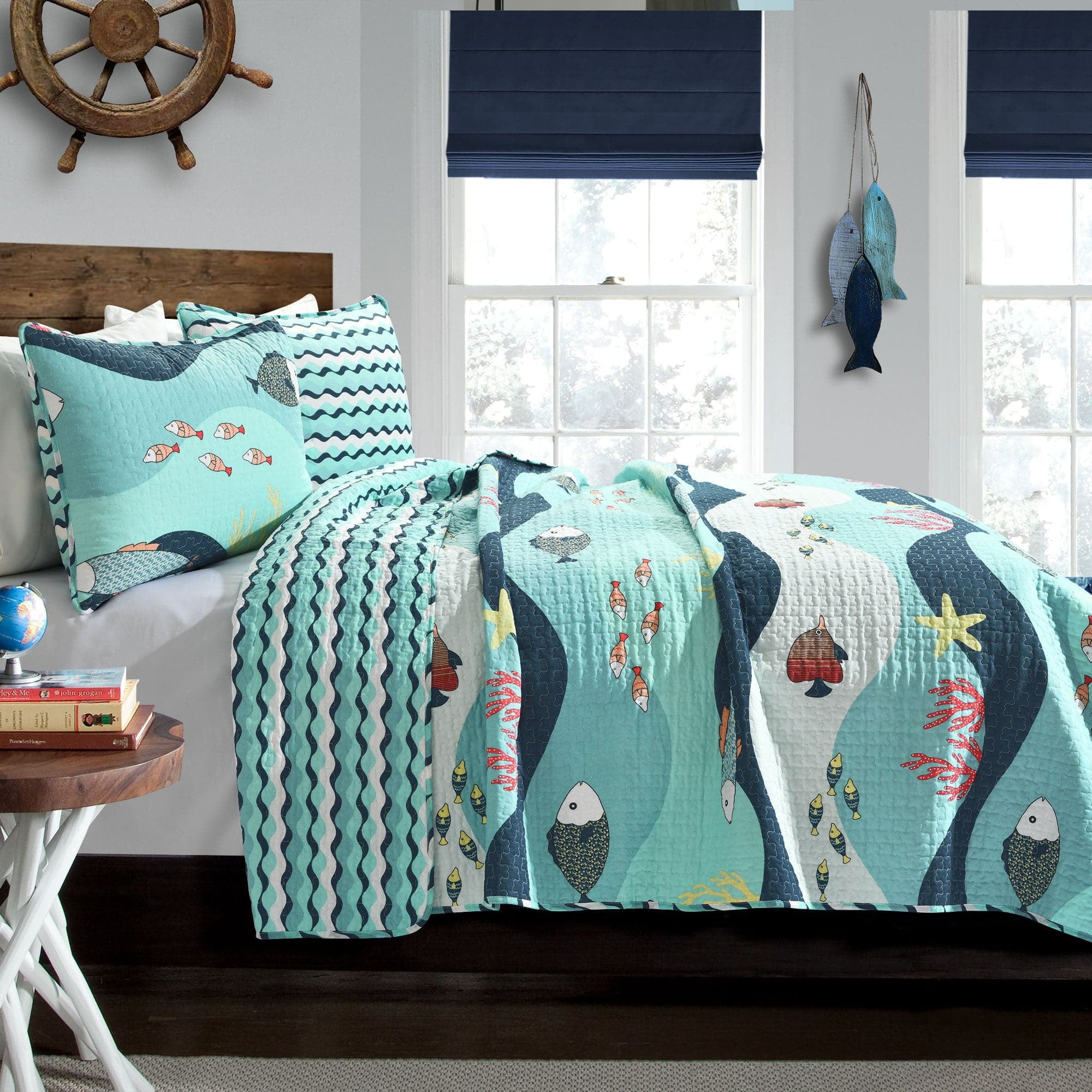 Lush Decor Sea Life Cotton Reversible Quilt, Twin, Blue, 2-Pc Set