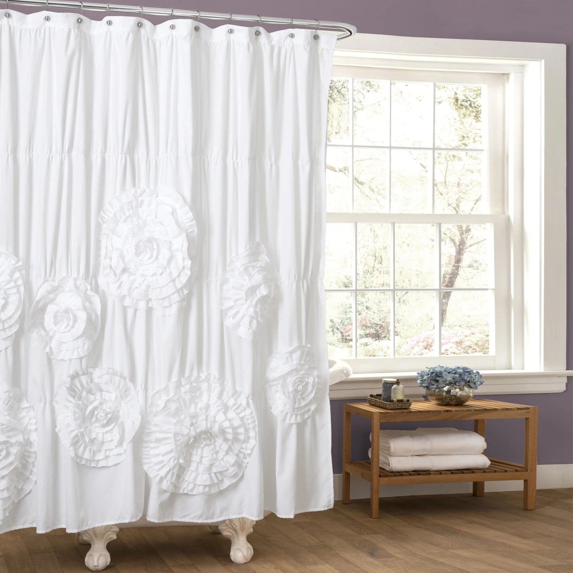 White Polyester Ruffled Flower 72" x 72" Shower Curtain