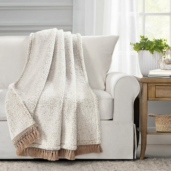 Lush Decor Sherpa Tassel Fringe Reversible Throw, 60x50, Neutral, Single