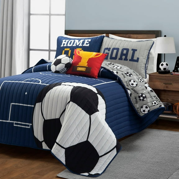 Lush Decor Soccer Game Reversible Oversized Kids Quilt Navy/Gray 5Pc Set Full/Queen