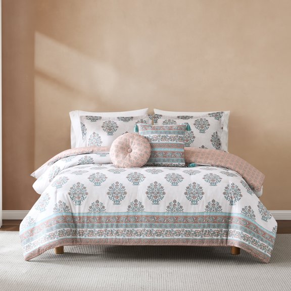 Lush Decor Sofia Flower Block Bouquet? ?Reversible Comforter 5 Piece Set King/ Cal King Clay - Floral Comforter - Block Print - Brown Bedding Set - Boho Decor