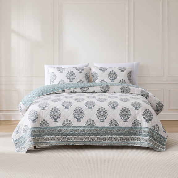 Lush Decor Sofia Flower Block Bouquet Reversible Cotton Quilt 3 Piece Set King/ Cal King Teal - Block Print Quilt - Floral Bedding Set - Boho Decor