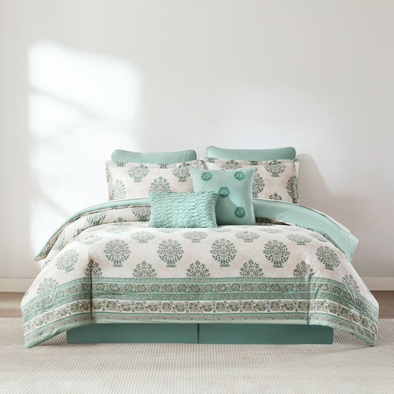 Lush Decor Sofia&nbsp;Flower&nbsp;Block Bouquet Cotton Comforter 8 Piece Set Queen Teal - Floral Comforter - Block Print - Blue Bedding Set - Bed Skirt - Boho Decor