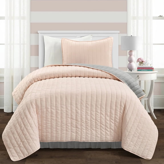 Lush Decor Soft Stripe All Season Solid Reversible Quilt, Twin XL, Soft Rose/Light Gray, 2-Pc Set