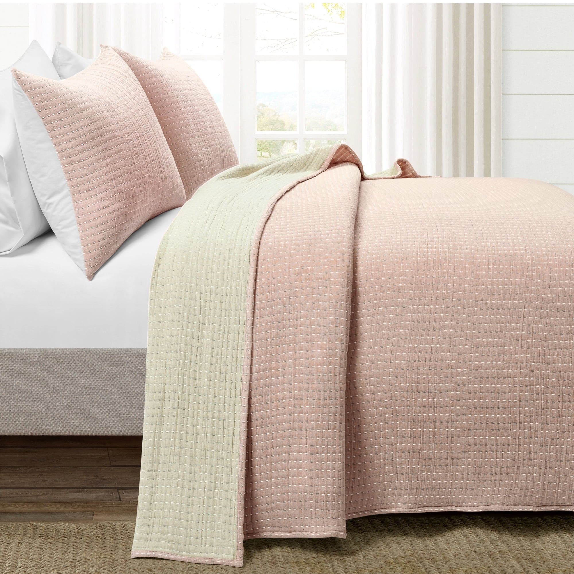 Lush Decor Solid Kantha Pick Stitch Yarn Dyed Cotton Woven Quilt/Coverlet B/Off White 3Pc King