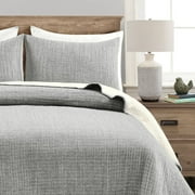 Lush Decor Solid Kantha Pick Stitch Yarn Dyed Cotton Woven Quilt, Full/Queen, Light Gray/Off White, 3-Pc Set