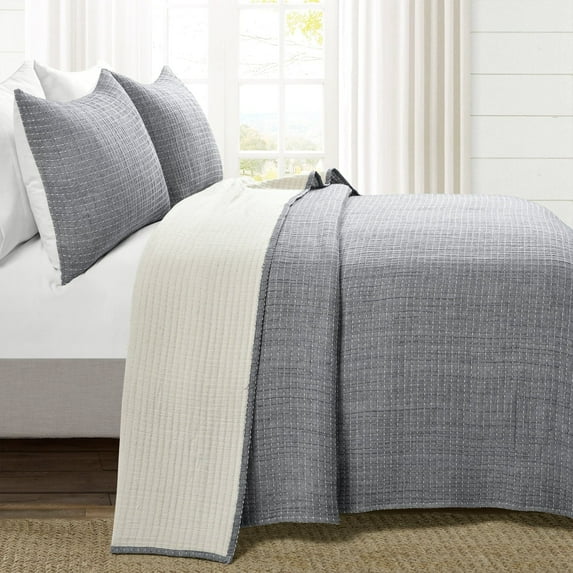 Lush Decor Solid Kantha Pick Stitch Yarn Dyed Cotton Woven Quilt, King, Navy/OffWhite, 3-Pc Set
