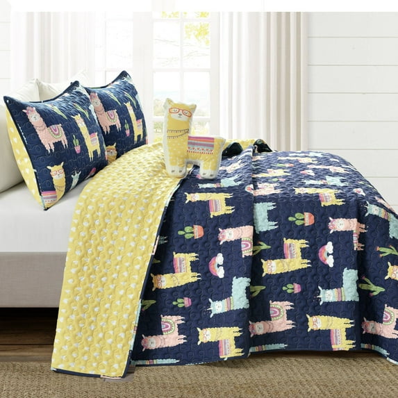 Lush Decor Southwest Llama Cactus Quilt, 4 Piece Set, Full/ Queen, Navy & Yellow - Cute Kids Reversible Boho Toddler Bedding Set
