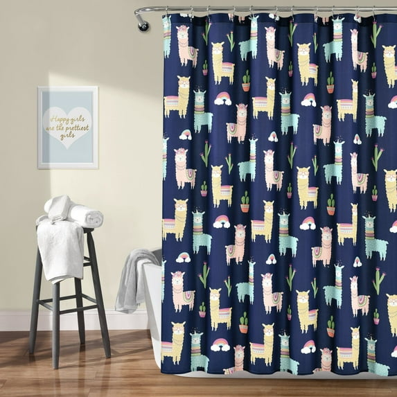 Lush Decor Southwest Llama Cactus Shower Curtain,72" x 72", Navy/Yellow, Single