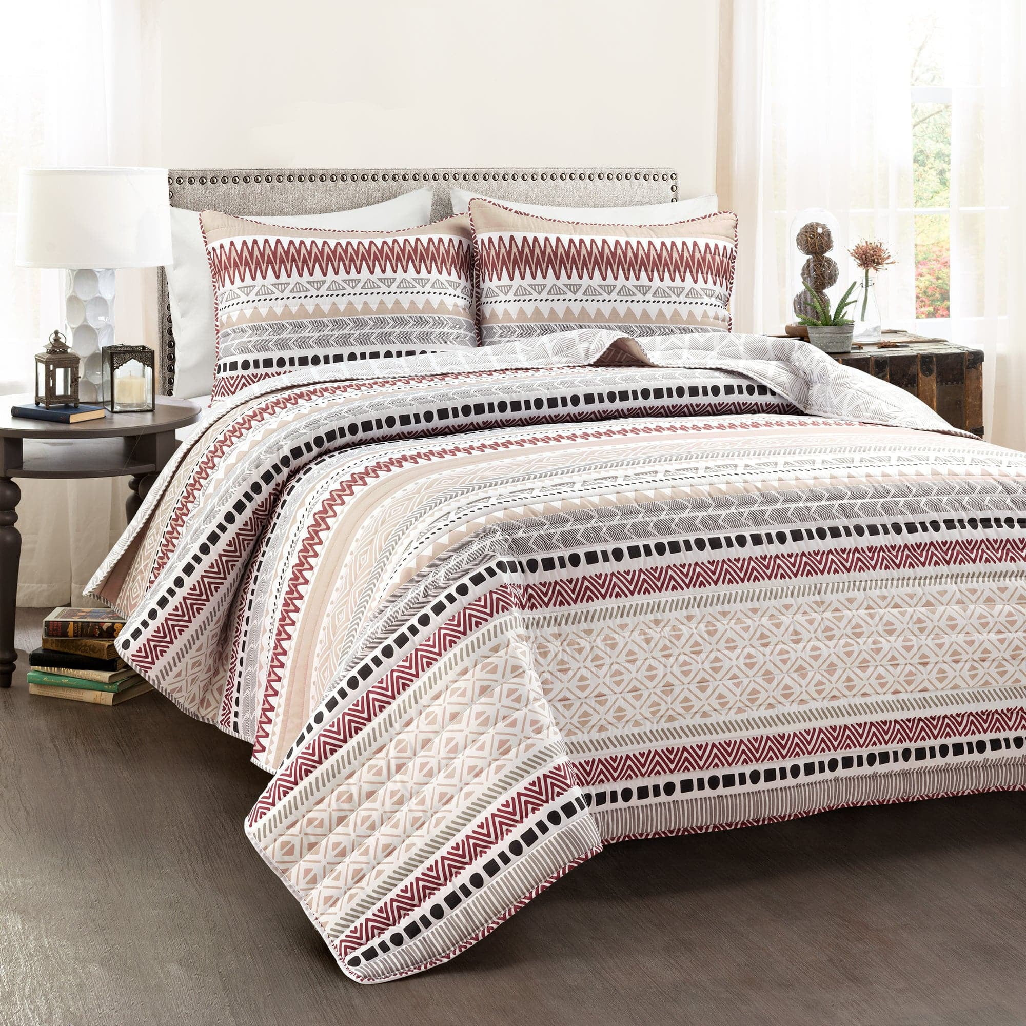 Brick Red and Neutral Microfiber Full/Queen Reversible Quilt Set