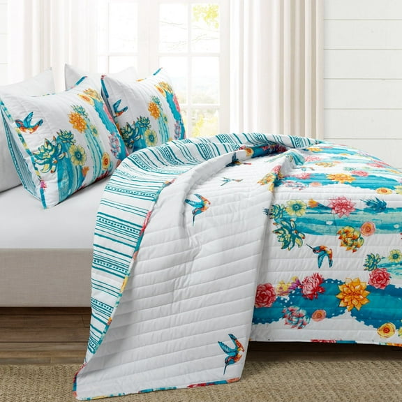 Lush Decor Southwest Vibrant Cactus Reversible Oversized Quilt Turquoise/Orange 3Pc Set King/Cal King