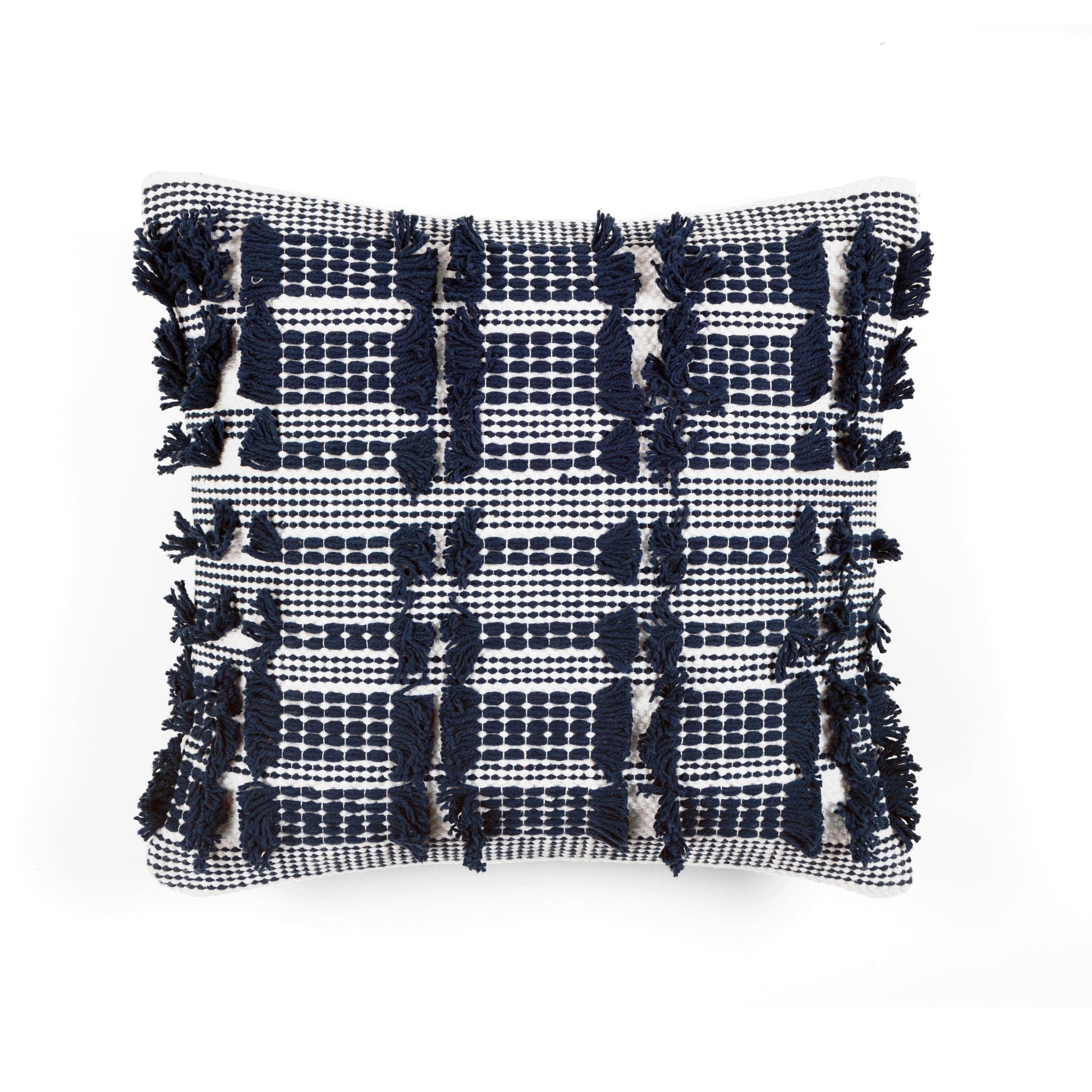 Navy and Ivory Cotton Square Pillow with Fringe Accents