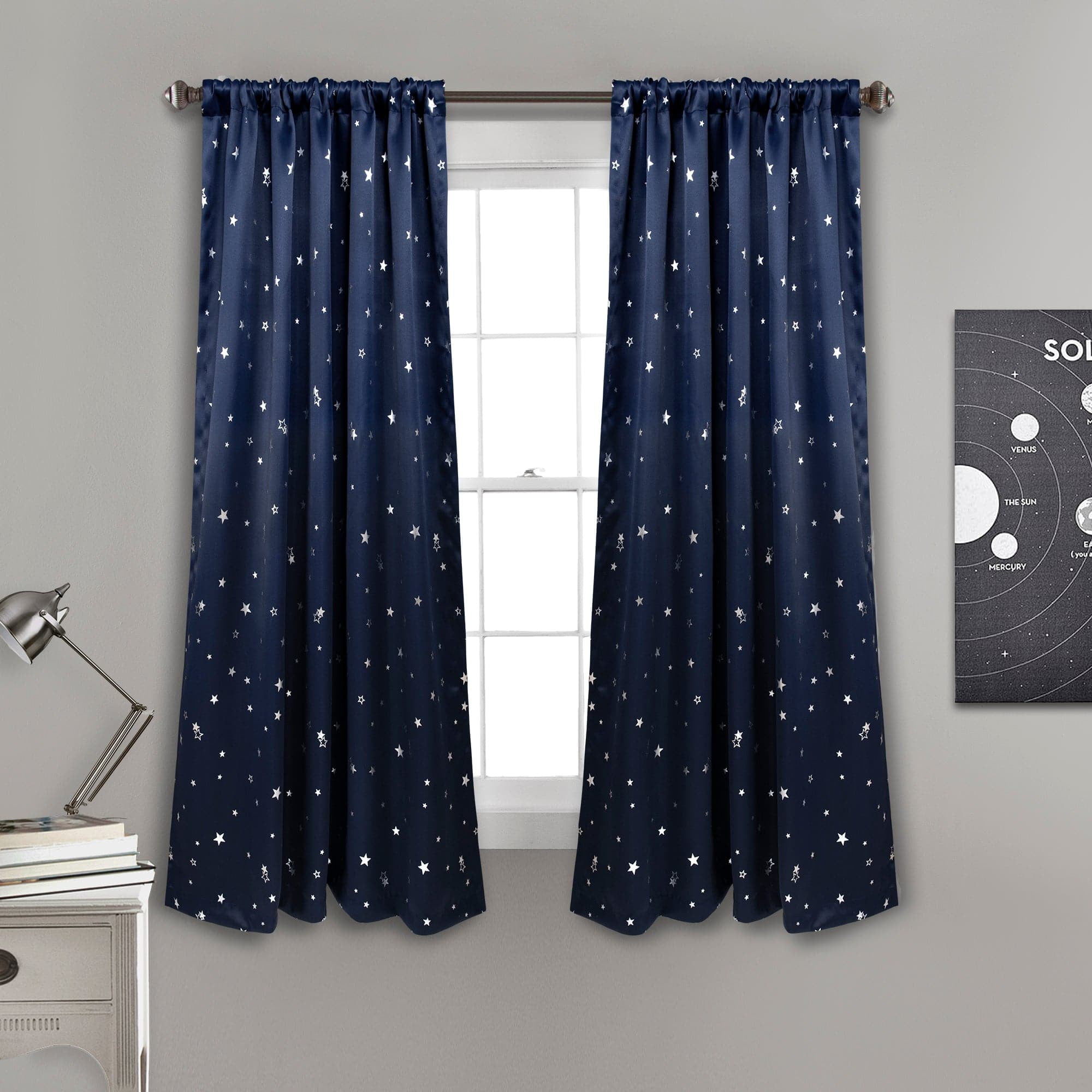 Navy Star Blackout Polyester Window Curtain Panels, 63 x 52 Inch