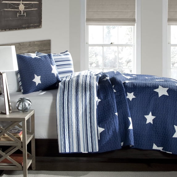 Lush Decor Star Geometric Cotton Reversible Quilt, Full/Queen, Navy, 3-Pc Set