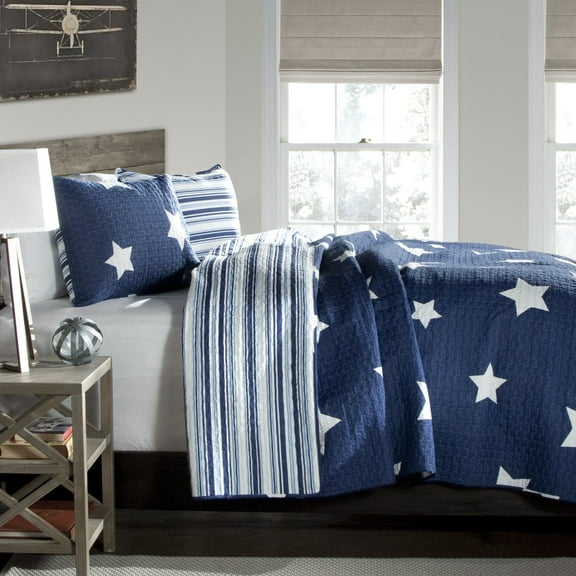 Lush Decor Star Geometric Cotton Reversible Quilt, Full/Queen, Navy, 3-Pc Set