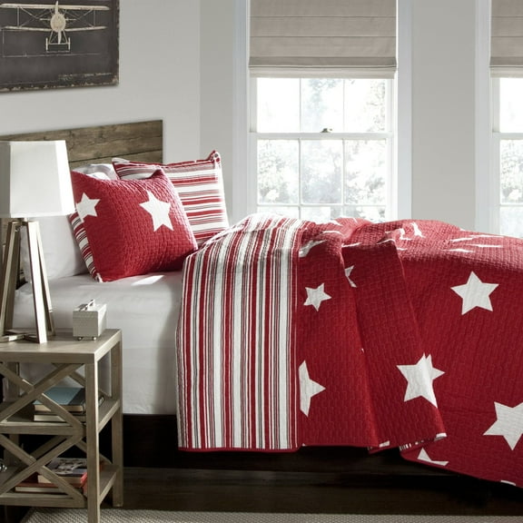 Lush Decor Star Geometric Cotton Reversible Quilt, Twin, Red, 2-Pc Set