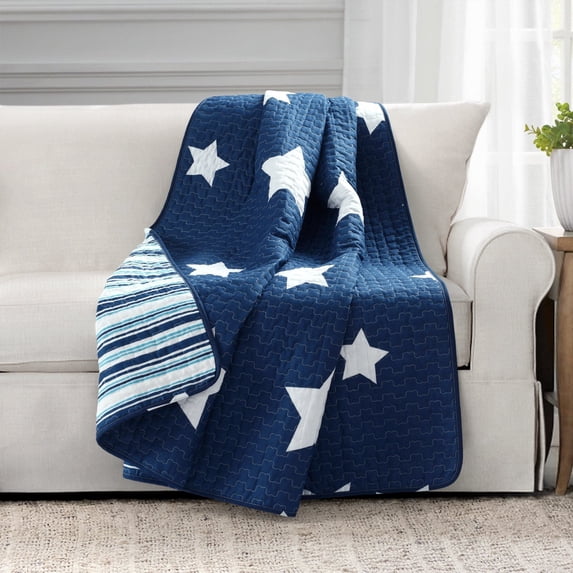 Lush Decor Star Kids Print Cotton Reversible Throw, 50" x 60", Navy, Single